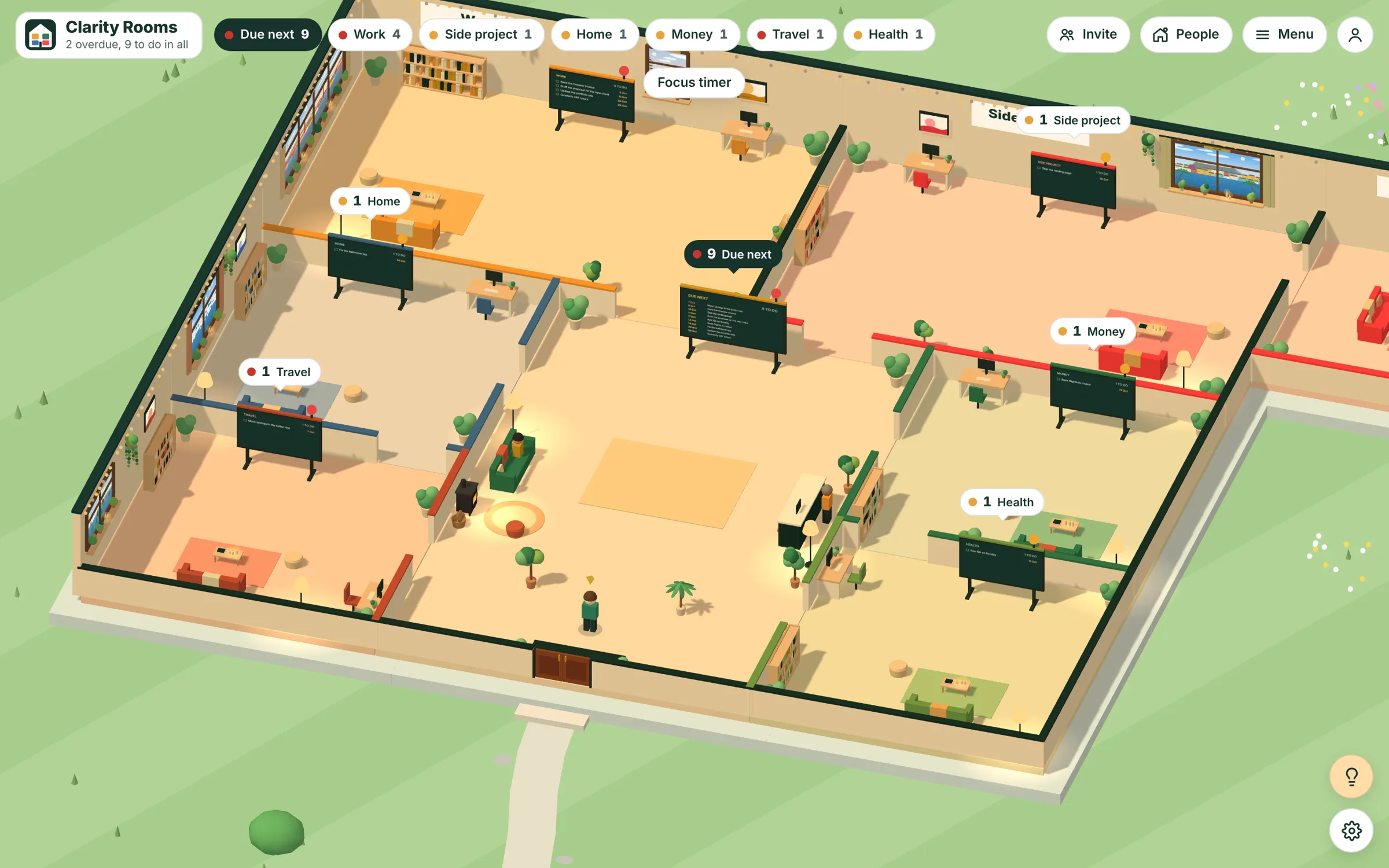 A Clarity Rooms house seen from above: a hall in the middle and six coloured rooms around it, each with its own board.