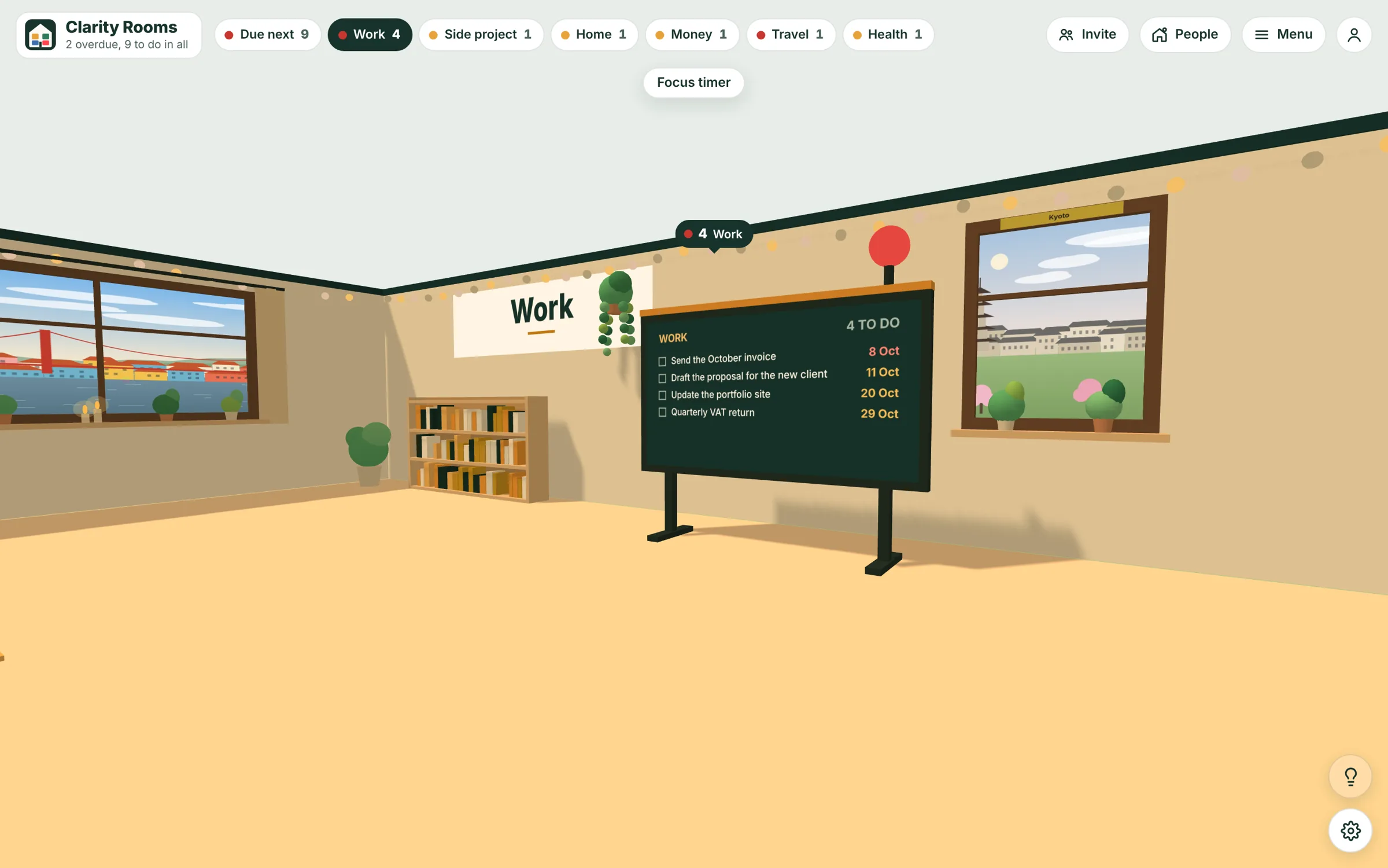 A first person view of the Work board, listing four tasks with their dates.